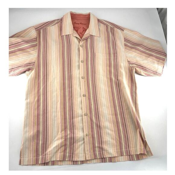Tommy Bahama 100% Silk Shirt Mens Large Red Orange Striped Aloha Cruise Hawaiian - Picture 1 of 10
